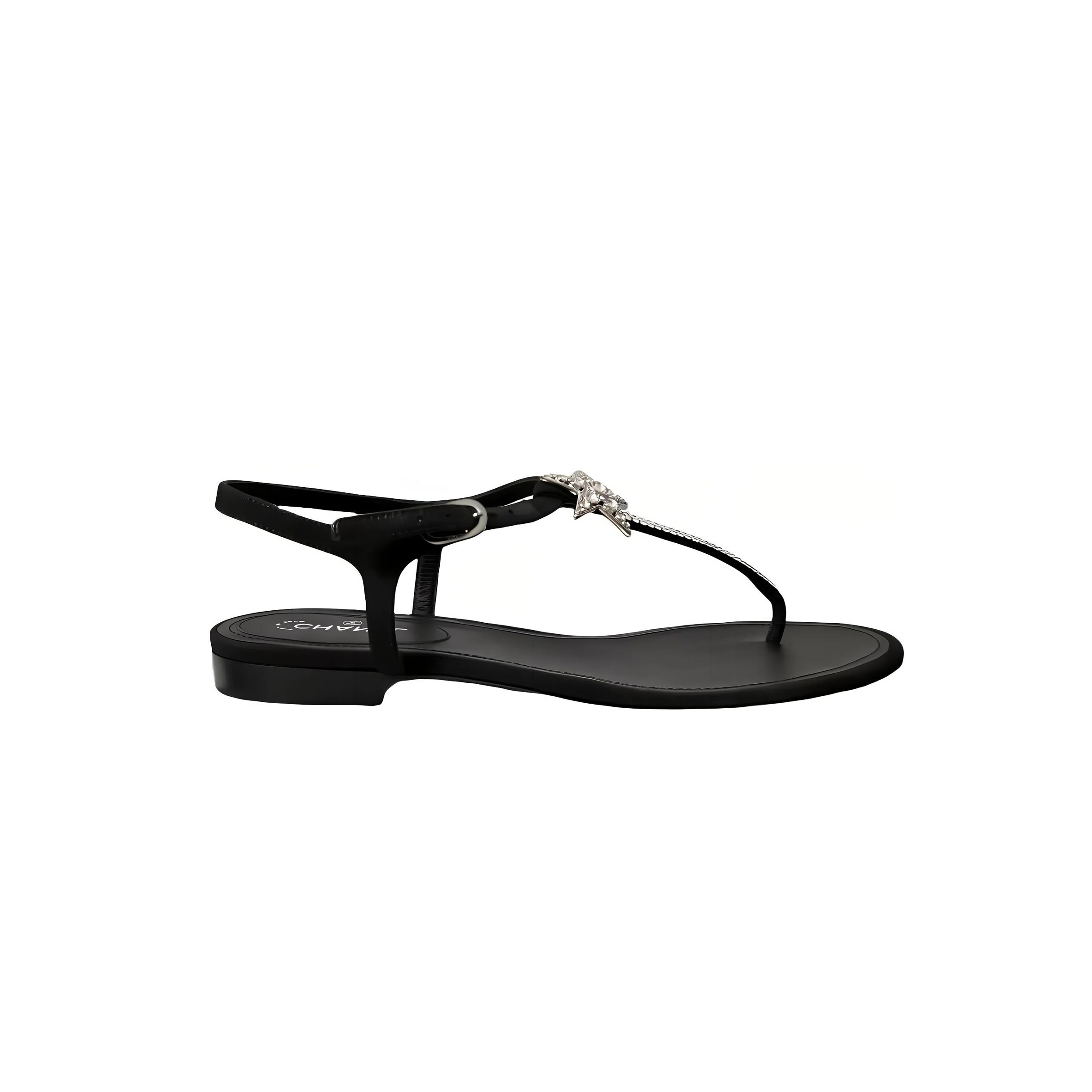 CHANEL SANDALS FOR WOMEN DOUBLE CC PEARL RHINESTONE HARDWARE BLACK BEACH SHOES G36014 X51738 94305